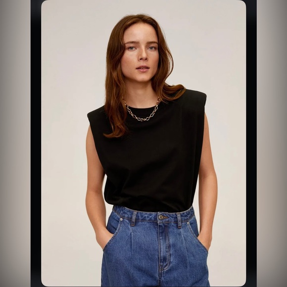 Mango Tops - Mango Black Shoulder Pad Top T-shirt Women Size M US